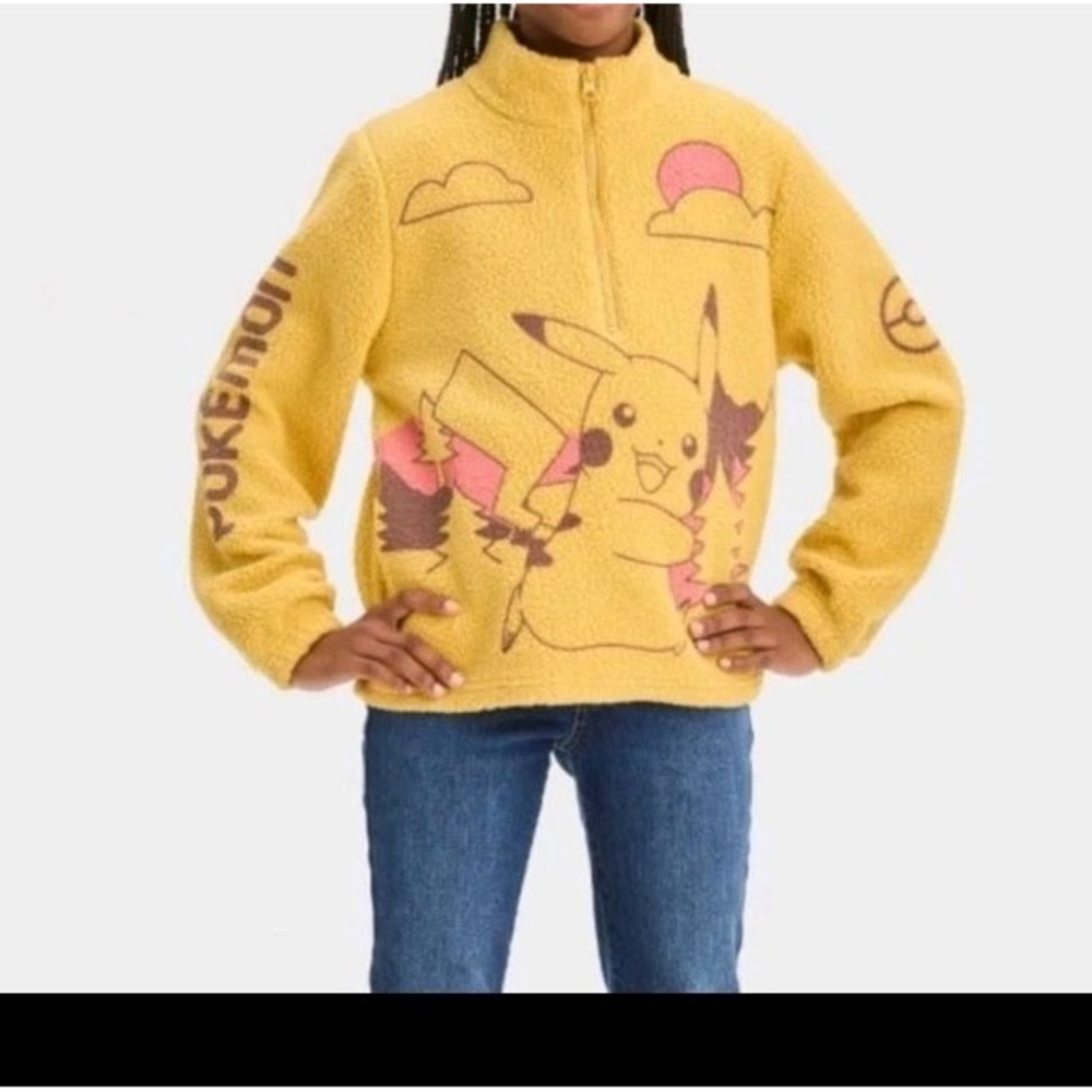 Pokemon Pikachu Sherpa Teddybear Fleece Yellow 1/4 Zip Up Jacket - Size‎ 6/7